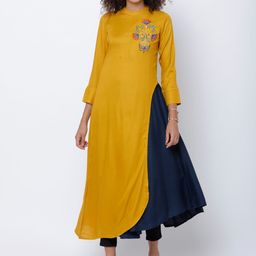 Vishudh Women Mustard & Navy Blue Solid Layered A-Line Kurta-picture-13