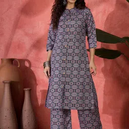 Sangria Women Printed Mandarin Collar A-Line Kurta & Palazzo-image-94