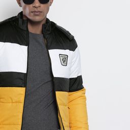 The Indian Garage Co Men Yellow & Black Colourblocked Padded Jacket with Detachable Hood-52
