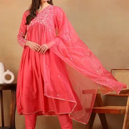 KALINI Ethnic Motifs Embroidered Empire Thread Work Anarkali Kurta with Trousers & Dupatta-picture-4