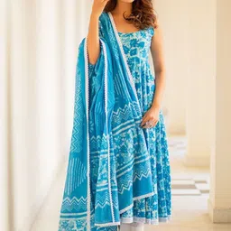 DIVASTRI Floral Printed Anarkali Round-Neck Kurta With Trouser & Dupatta-picture-30
