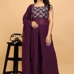 Maeswag Embroidered Georgette Sequinned Straight Kurti with Palazzos & Dupatta-picture-3