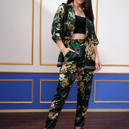 Vishudh Green Floral Printed Lapel Collar Three-Quarter Sleeves Blazer With Trouser-image-6