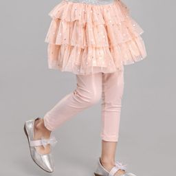 Babyhug Knee Length Flared Skirt With Leggings Glitter Print - Peach-image-19