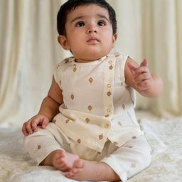 Tiber Taber Sleeveless Gold Buta Print Jhabla With 2 Pyjamas - Cream-image-93