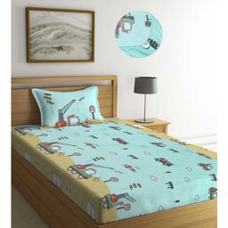 Arrabi Green Cartoon TC Cotton Blend Single Size Fitted Bedsheet with 1 Pillow Cover- Multicolour-26