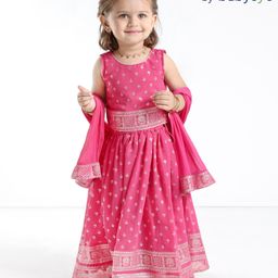 Babyoye Sleeveless Embroidered & Foil Printed Choli Lehenga & Dupatta Set - Pink-image-45