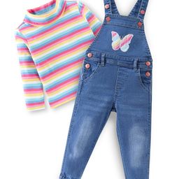 Babyhug 100% Cotton Knit Dungrees & Full Sleeves Top Stripes & Butterfly Applique - Yellow Pink & Blue-picture-6