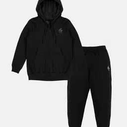 Kiddopanti Full Sleeves Brand Name Placement Printed Hooded Sweatshirt & Fleece Track Pant Set - Jet Black-picture-19