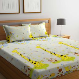 FABINALIV Multicolor Cartoon Print 300 TC Cotton Blend King Size Double Bedsheet with 2 Pillow Covers-image-86