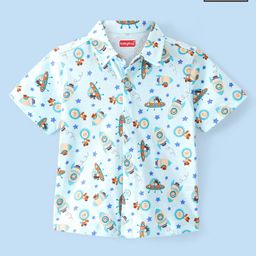 Babyhug Cotton Knit Half Sleeves Regular Collar Shirt Spaceship Printed - Blue-image-56