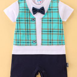 Child World Interlock Cotton Knit  Half Sleeves  Party Romper with Bow Applique Checked - Green-image-21