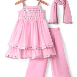 Babyhug Georgette Woven Singlet Sleeves Sequin Embroidered Kurti Palazzo Set with Dupatta - Pink-image-31