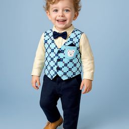 Babyoye 100% Cotton Knit Full Sleeves Checkered T-Shirt & Trouser Set with Waist Coat Bear Embroidery - Cream & Blue-picture-12