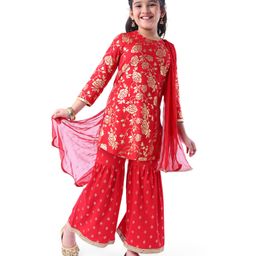 EARTHY TOUCH Single Jersey Knit Full Sleeves Foil Rose Printed Kurta Palazzo Set with Dupatta - Red-image-94