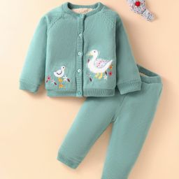 Yellow Apple Full Raglan Sleeves Front Open Sweater Set with Headband & Duck Design - Teal Blue-image-66