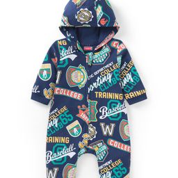 Babyhug 100% Cotton Interlock Knit Full Sleeves Hooded Romper with Text Print - Navy-image-14