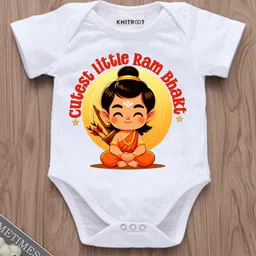 KNITROOT Dussehra Theme Half Sleeves Cutest Little Ram Bhakt Text Printed Onesie - White-picture-23