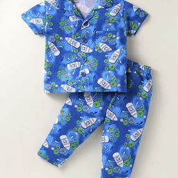 Little Darlings Sinker Knit Half Sleeves Front Open Boat Printed Night Suit - Blue-image-77