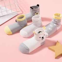 MOMISY Cotton Blend Pack Of 5 Striped & Bear Designed Tube Socks - Grey & White-image-37