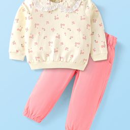 Babyhug Terry Knit Full Sleeves Floral Printed Top & Lounge Pant Set - White & Pink-image-74