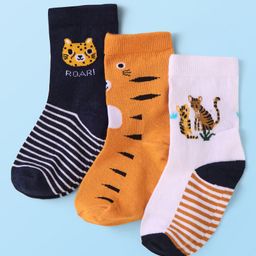 Cute Walk By Babyhug Knit Ankle Length Anti-Bacterial Socks with Animal Design Pack of 3 - White & Tan-image-98