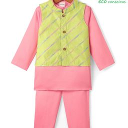 Babyoye Woven Full Sleeves Kurta Pyjama Set & Jacket with Sequin & Floral Embroidery - Pink & Green-image-5
