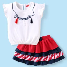 Babyhug Single Jersey Knit Frill Sleeves Top & Skirt Set with Text Embroidery & Bow Applique - White & Red-picture-39