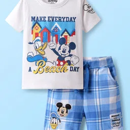 Babyhug Disney Single Jersey Knit Half Sleeves T-Shirt & Shorts Set With Mickey Mouse Graphics & Badge Detailing - White & Blue-picture-7