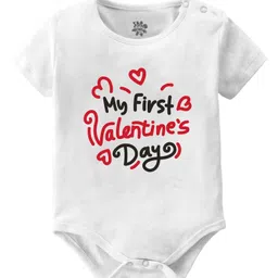 Baby Buzz Valentines Day Theme 100% Cotton Half Sleeves My First Valentines Day Text Printed Onesie - White-picture-9