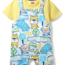 Babyhug Single Jersey Knit Half Sleeves T-Shirt & Dungaree With Animal Print - Light Blue & Yellow-image-5