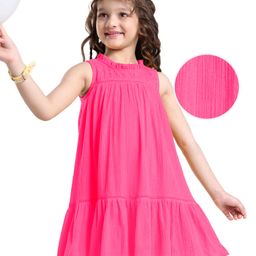 Hola Bonita Crinkle Rayon Woven Sleeveless Solid Frock With Schiffli Detailing - Fuchsia-image-36
