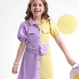 Hola Bonita Knit Half Puffed Sleeve Textured Fabric Solid Color Collared Dress with Attached Waist Bag - Lavender-image-85
