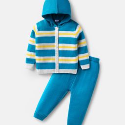 Babyhug Knitted Full Sleeves Hooded Sweater Set with Stripes - Blue & Yellow-image-68