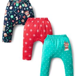 Babyhug Cotton Interlock Knit Full Length Diaper Leggings with Christmas Theme Print Pack of 3 - Red Light Blue & Navy Blue-picture-9