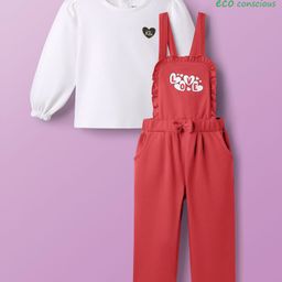 Babyoye Cotton Knit Dungaree & Full Sleeves T-Shirt Set With Text Print - Red-image-31