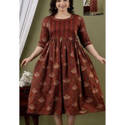 NEVISHA STYLE Cotton Woven Three Fourth Sleeves Abstract Printed Maternity Kurta - Brown-image-84