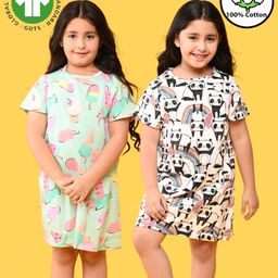 Anthrilo 100% Organic Cotton Knit Pack Of 2 Half Sleeves Baby Panda & Ice Cream Printed Night Dresses - White & Aqua-image-42
