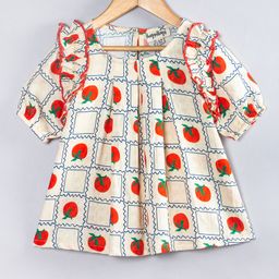 Hugsntugs Cotton Woven Half Sleeves Tomatoes Printed Top - Off White & Red-image-96
