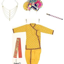 RAJ FANCY DRESSES Woven Janmasthami Theme Three Fourth Sleeves Ethnic Motifs Printed Lord Krishna Costume Set - Yellow-image-128