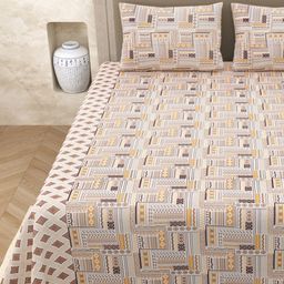 Aura Beige & Yellow Ethnic Motifs 210 TC Queen Bedsheet with 2 Pillow Covers-image-99