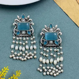 NAMAN ARTS Silver-Plated Artificial Stones Studded And Beaded Contemporary Drop Earrings-18