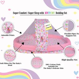 Kwitchy New Born Baby Bedding Set Mattress with Net and Pillow Ralling Mosquito Bed - Pink image 5