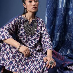 Taavi Geometric Printed Straight Indigo Kurta with Trousers & With Dupatta-4