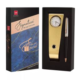 Cello Signature Ball Pen with Table Clock Cum Pen Stand Twist Mechanism Closure Type Blue Ink, 8907234510492 (Each 1 Kit)-picture-0