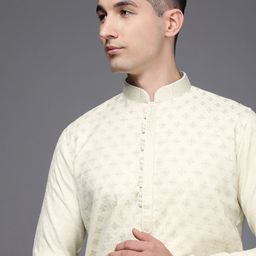 Manyavar Men Cream-Coloured Ethnic Motifs Self Design Kurta with Pyjamas-6