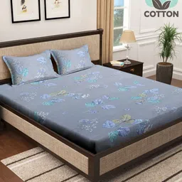 Myntra Elegant Homes Grey & Blue Floral 400 TC King Bedsheet with 2 Pillow Covers-picture-39