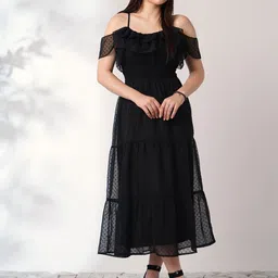 Globus Off Shoulder Self Design Ruffles Detail Smocked Fit & Flare Midi Party Dress-image-66