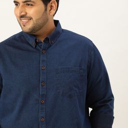 Sztori Men Plus Size Navy Blue Pure Cotton Chambray Casual Shirt-11