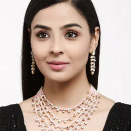 Shining Diva Gold-Plated Pink & White Kundan-Studded Beaded Layered Jewellery Set-picture-16